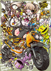 Rule 34 | 1girl, blue eyes, blunt bangs, bomb, bracelet, brooch, bullet hole, chain, cross, cross necklace, dragon, english text, exhaust, explosive, eyepatch, grenade, grin, gun, hair ornament, hairclip, highres, jewelry, light brown hair, motor vehicle, motorcycle, necklace, original, project.c.k., riding, ring, shoes, smile, solo, stitches, stuffed toy, tattoo, thighhighs, twintails, vehicle, weapon, | |