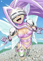 Rule 34 | 00s, 1girl, :d, bodysuit, breasts, bttfghn, building, city, cleavage, cloud, day, digimon, digimon (creature), digimon frontier, fairimon, flying, glint, gloves, goggles, happy, light rays, long hair, medium breasts, midriff, navel, open mouth, pink gloves, pink hair, purple gloves, sky, smile, solo, stadium, sunlight, teeth, thighhighs, wings