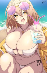 Rule 34 | 1girl, :d, absurdres, ahoge, anis (nikke), anis (sparkling summer) (nikke), bare shoulders, beach, bikini, blush, breasts, cleavage, crazy straw, cup, day, disposable cup, drinking straw, eyepatch bikini, eyewear on head, goddess of victory: nikke, heart straw, highres, holding, jacket, jewelry, k (kite), large breasts, light brown hair, mask bikini, necklace, ocean, off-shoulder jacket, off shoulder, official alternate costume, open mouth, outdoors, pink-tinted eyewear, sand, short hair, side-tie bikini bottom, signature, smile, solo, string bikini, sunglasses, swimsuit, tinted eyewear, water, white bikini, yellow eyes, yellow jacket