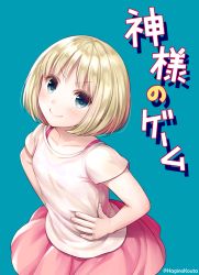 Rule 34 | &gt;:), 1girl, blonde hair, blue background, blue eyes, blush, closed mouth, copyright request, fingernails, hagino kouta, hand on own hip, pink skirt, pleated skirt, shirt, short sleeves, simple background, skirt, smile, solo, translation request, twitter username, v-shaped eyebrows, white shirt