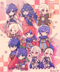 Rule 34 | armor, artist request, blue armor, blue eyes, blue hair, cape, chrom (fire emblem), corrin (female) (fire emblem), corrin (fire emblem), corrin (male) (fire emblem), dual persona, falchion (fire emblem), father and daughter, fire, fire emblem, fire emblem: mystery of the emblem, fire emblem: path of radiance, fire emblem: radiant dawn, fire emblem: the binding blade, fire emblem awakening, fire emblem fates, fire emblem heroes, gloves, hair ornament, headband, highres, ike (fire emblem), long hair, looking at viewer, lucina (fire emblem), marth (fire emblem), multiple boys, nintendo, one eye closed, pointy ears, red eyes, robe, robin (female) (fire emblem), robin (fire emblem), robin (male) (fire emblem), roy (fire emblem), super smash bros., sword, tiara, twintails, weapon, white hair