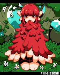 Rule 34 | 1girl, animal ears, artist name, bird ears, commentary request, covering own mouth, feathered wings, feathers, flower, forest, harpy, kneeling, letterboxed, medium hair, monster girl, nature, original, pixel25251, pixel art, plant, red eyes, red feathers, red hair, red wings, sidelocks, solo, tree, vines, white flower, winged arms, wings