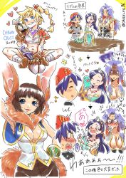 Rule 34 | 2boys, 3girls, animal ears, animal hands, bag, bandaged leg, bandages, bandana, beads, belt, between breasts, black shirt, blonde hair, blue eyes, blue hair, blush, body markings, boots, breasts, brown gloves, brown hair, brown pants, butterfly sitting, cage, chrono cross, cleavage, closed eyes, cropped jacket, cropped shirt, dagger, desk, detached sleeves, dress, facial mark, full body, gloves, green dress, grin, hair between eyes, hairband, hand on own hip, heart, highres, holding, holding bag, imaijun, jacket, janice (chrono cross), jewelry, karsh (chrono cross), kid (chrono cross), knife, large breasts, long hair, medium breasts, midriff, monster, multi-tied hair, multiple boys, multiple girls, multiple views, musical note, navel, necklace, open mouth, pants, parted bangs, parted lips, pectorals, ponytail, rabbit ears, rabbit tail, red bandana, red eyes, red jacket, red skirt, riddel (chrono cross), serge (chrono cross), shirt, short hair, short sleeves, shouting, sidelocks, sitting, skirt, sleeveless, sleeveless shirt, smile, sweatdrop, t-shirt, tail, teeth, thick eyebrows, translation request, upper body, wavy mouth, weapon, white shirt, wide sleeves
