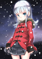 Rule 34 | 10s, 1girl, blue eyes, blunt bangs, blush, coat, fur trim, hatsukaze (kancolle), hime cut, jacket, kantai collection, kobiyuun, long hair, looking at viewer, pleated skirt, red jacket, school uniform, skirt, skirt hold, sleeves past wrists, snow, solo, striped edge, toggle, white hair