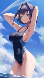 Rule 34 | 1girl, absurdres, armpits, arms behind head, arms up, bare arms, blue archive, blue eyes, blue sky, blush, breasts, cameltoe, cleavage, closed mouth, cloud, cloudy sky, competition swimsuit, cosplay, covered navel, cowboy shot, crossover, day, hair intakes, highleg, highleg swimsuit, highres, hololive, hololive english, large breasts, one-piece swimsuit, ouro kronii, outdoors, partially submerged, partially underwater shot, shiroko (swimsuit) (blue archive) (cosplay), shironekokfp, short hair, sideboob, sky, solo, swimsuit, thighs, two-tone swimsuit, underwater, virtual youtuber, wading, wet