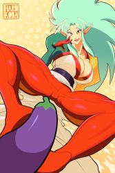Rule 34 | 1girl, breasts, censored, dress, earrings, eggplant, gloves, green hair, hair intakes, hardkoba, highres, jewelry, large breasts, open mouth, puffy sleeves, raised eyebrows, red gloves, red legwear, ryouko (tenchi muyou!), sidelocks, solo, spiked hair, tenchi muyou!, thick thighs, thighs, white dress, yellow background, yellow eyes