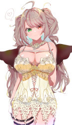 Rule 34 | 1girl, :3, absurdres, ahoge, arm behind back, breasts, cleavage, curly hair, e sky rugo, girls&#039; frontline, gloves, green eyes, grey hair, heart, heterochromia, highres, large breasts, lingerie, long hair, looking at viewer, negligee, red eyes, smile, solo, spoken heart, ssg3000 (girls&#039; frontline), thigh gap, thigh strap, two side up, underwear, white background, white gloves
