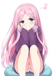 Rule 34 | 1girl, aqua eyes, blush, cafe stella to shinigami no chou, commentary, feet out of frame, grin, hair down, hands on own cheeks, hands on own face, head tilt, igarashi kenji, knees up, long hair, looking at viewer, musical note, panties, parted bangs, pink hair, purple sweater, shioyama suzune, simple background, sitting, sitting on pillow, sleeves past wrists, smile, solo, straight-on, straight hair, sweater, thighs, underwear, very long hair, white background, white panties