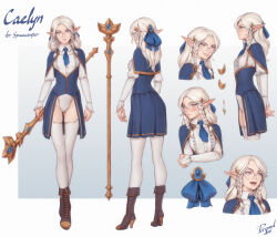 Rule 34 | 1girl, blue bow, boots, bow, braid, capelet, character name, character sheet, commission, flat chest, glasses, high heel boots, high heels, highres, holding, holding staff, leotard, lips, long hair, multiple views, open mouth, original, personal ami, pointy ears, rimless eyewear, round eyewear, showgirl skirt, smile, staff, thighhighs, twin braids, white hair, white leotard, white thighhighs, yellow eyes