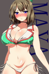 Rule 34 | 10s, 1girl, :/, ar (lover boy), bare arms, bare shoulders, blush, breasts, brown hair, choker, cleavage, closed mouth, collarbone, cowboy shot, crop top, crop top overhang, hair ornament, hat, highres, kantai collection, large breasts, looking at viewer, maya (kancolle), maya kai ni (kancolle), mini hat, navel, nose blush, panties, purple eyes, side-tie panties, solo, stomach, underboob, underwear, white panties, x hair ornament
