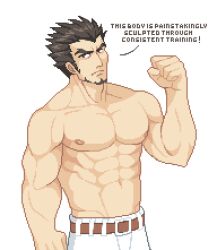 Rule 34 | 1boy, abs, bara, belt, black hair, brown belt, catnipsmoker (hakino), clenched hands, english text, facial hair, fire emblem, fire emblem: the sacred stones, forked eyebrows, gilliam (fire emblem), goatee, highres, large pectorals, long sideburns, looking at viewer, male focus, mature male, muscular, muscular male, nintendo, nipples, pants, pectorals, pixel art, short hair, sideburns, simple background, solo, thick eyebrows, v-shaped eyebrows, white background, white pants