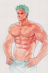 Rule 34 | 1boy, abs, green hair, hands on own hips, inmomakuro, male focus, muscular, nipples, one piece, pectorals, piercing, roronoa zoro, scar, topless male, solo, towel, wink