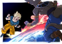Rule 34 | 10s, 2boys, back turned, beerus, blonde hair, blue pants, blue shirt, boots, bracelet, clenched hands, dougi, dragon ball, dragon ball super, dragonball z, earrings, earth (planet), flying, full body, green eyes, jewelry, male focus, multiple boys, pants, planet, shirt, short hair, son goku, spiked hair, super saiyan, tail, wristband