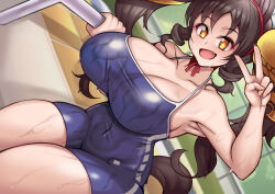 Rule 34 | + +, :d, armpits, bare shoulders, breasts, brown hair, cleavage, covered navel, drill hair, dutch angle, fang, horse girl, large breasts, long hair, marvelous sunday (umamusume), nantokana, open mouth, orange eyes, pool ladder, school swimsuit, side drill, sitting, smile, sweat, swimsuit, taut clothes, taut swimsuit, thick thighs, thighs, tracen swimsuit, twintails, umamusume, v