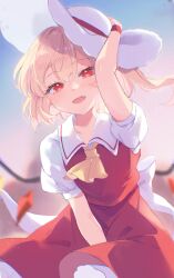 Rule 34 | 1girl, alternate headwear, arm up, ascot, back bow, blonde hair, blurry, blurry background, bow, collar, collared shirt, commentary, crystal wings, fang, flandre scarlet, hair between eyes, hat, hat ribbon, highres, light blush, looking at viewer, medium hair, open mouth, outdoors, paragasu (parags112), parted lips, puffy short sleeves, puffy sleeves, red eyes, red ribbon, red skirt, red vest, red wrist cuffs, ribbon, shirt, short sleeves, side ponytail, skirt, sky, solo, sun hat, sunlight, symbol-only commentary, touhou, upper body, vest, white bow, white collar, white hat, white shirt, wings, wrist cuffs, yellow ascot