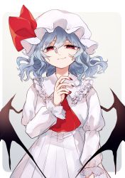 Rule 34 | 1girl, absurdres, ascot, bat wings, blue hair, bright pupils, closed mouth, collared shirt, cowboy shot, frilled shirt collar, frilled sleeves, frills, hair between eyes, hat, highres, katai (nekoneko0720), light blue hair, looking at viewer, nail polish, pleated skirt, red ascot, red eyes, red nails, remilia scarlet, shirt, short hair, skirt, skirt set, slit pupils, smirk, solo, touhou, wavy hair, white hat, white pupils, white shirt, white skirt, wings