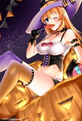 Rule 34 | 1girl, black gloves, blue eyes, blush, breasts, brown hair, candy, charlotte e. yeager, cleavage, closed mouth, food, gloves, groin, halloween, hat, highres, hiroshi (hunter-of-kct), jack-o&#039;-lantern, large breasts, lollipop, long hair, looking at viewer, navel, one eye closed, orange thighhighs, pumpkin, silk, sitting, smile, solo, spider web, strike witches, thighhighs, witch, witch hat, world witches series