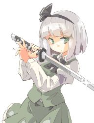 Rule 34 | 1girl, arms up, arnest, bow, bowtie, breasts, closed mouth, collared shirt, commentary request, eyes visible through hair, ghost print, green eyes, green skirt, green vest, grey bow, grey bowtie, grey hair, grey hairband, hairband, hands up, highres, hitodama print, juliet sleeves, katana, konpaku youmu, long sleeves, looking to the side, medium breasts, puffy sleeves, shirt, short hair, simple background, skirt, solo, standing, sword, touhou, vest, weapon, white background, white shirt