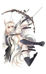 Rule 34 | 1girl, animal ear fluff, animal ears, arknights, bow (weapon), commentary request, grey eyes, haku (grimjin), highres, holding, holding bow (weapon), holding weapon, horse ears, jacket, long hair, midriff, navel, partial commentary, platinum (arknights), silver hair, simple background, solo, stomach, tail, thighhighs, very long hair, weapon, white background, white jacket