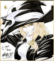 Rule 34 | 1girl, alternate costume, bad id, bad pixiv id, blonde hair, breasts, female focus, gloves, grin, hand on headwear, hat, hat ribbon, imizu (nitro unknown), jacket, kirisame marisa, leather, leather jacket, marker (medium), millipen (medium), ribbon, shikishi, shirt, short hair, signature, sleeves rolled up, smile, solo, star (symbol), taut clothes, taut shirt, teeth, touhou, traditional media, turtleneck, witch, witch hat, yellow eyes, zipper