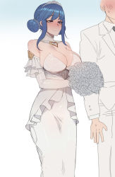 Rule 34 | ..., 1boy, 1girl, bare shoulders, blue hair, bouquet, breasts, bride, cleavage, commentary, couple, crystal rose sona, double bun, dress, elbow gloves, flower, formal, gloves, groom, hair bun, heart, highres, korean text, large breasts, league of legends, purple eyes, ratatatat74, smile, sona (league of legends), standing, strapless, strapless dress, suit, sweat, swept bangs, tiara, wedding, wedding dress, white dress, white gloves, white suit