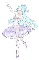 Rule 34 | 1girl, arm up, ballerina, ballet slippers, bare shoulders, blue hair, breasts, cleavage, closed eyes, en pointe, facing viewer, fugota6509, full body, highres, kiratto pri chan, long hair, open mouth, outstretched arms, pantyhose, parted bangs, ponytail, pretty series, purple footwear, purple shirt, purple skirt, see-through, see-through skirt, shiratori anju, shirt, simple background, skirt, small breasts, smile, solo, spread arms, standing, standing on one leg, tutu, very long hair, white background, white pantyhose