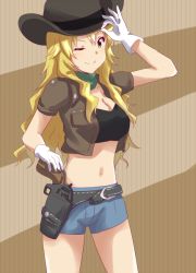 Rule 34 | 1girl, bad id, bad pixiv id, blonde hair, breasts, cleavage, cowboy, cowboy hat, cowboy western, dars (recolors), gloves, green eyes, green scarf, gun, hat, hoshii miki, idolmaster, idolmaster (classic), long hair, navel, one eye closed, scarf, shorts, smile, solo, weapon, western, white gloves
