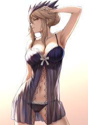 Rule 34 | 1girl, arm up, armpits, artoria pendragon (fate), artoria pendragon (lancer alter) (fate), babydoll, bare shoulders, blonde hair, braid, breasts, collarbone, double bun, fate/grand order, fate (series), french braid, hair between eyes, hair bun, hand in own hair, highres, lace, lace-trimmed panties, lace trim, large breasts, lingerie, long hair, looking at viewer, mashuu (neko no oyashiro), open mouth, panties, parted lips, sidelocks, simple background, solo, standing, underwear, underwear only, yellow eyes