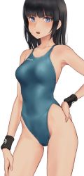 Rule 34 | 1girl, bare shoulders, black hair, blue eyes, blue one-piece swimsuit, blush, breasts, collarbone, competition swimsuit, highleg, highleg swimsuit, long hair, looking at viewer, medium breasts, one-piece swimsuit, open mouth, original, simple background, solo, swimsuit, thighs, wa (genryusui), white background, wristband