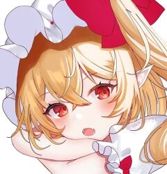 Rule 34 | 1girl, blonde hair, crossed arms, fangs, flandre scarlet, frilled sleeves, frills, hair between eyes, hat, looking at viewer, medium hair, mob cap, open mouth, pointy ears, puffy short sleeves, puffy sleeves, red eyes, sakizaki saki-p, shirt, short sleeves, solo, teeth, touhou, twitter username, white background, white hat, white shirt