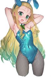 Rule 34 | 1girl, animal ears, arms behind head, blonde hair, blue leotard, bow, bowtie, breasts, cleavage, covered navel, cropped legs, detached collar, drill hair, ehime (ehime mikan), fishnet pantyhose, fishnets, girls und panzer, gradient hair, green bow, green bowtie, green eyes, grey pantyhose, highres, leotard, long hair, marie (girls und panzer), medium breasts, multicolored hair, pantyhose, playboy bunny, rabbit ears, simple background, smile, solo, white background