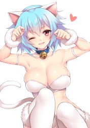 Rule 34 | 10s, 1girl, ;d, animal ears, armlet, armpits, bare shoulders, bell, blue hair, blush, bra, breasts, cat ears, cleavage, collar, fake animal ears, fur trim, fuya (tempupupu), hairband, infinite stratos, jingle bell, knees up, large breasts, looking at viewer, midriff, one eye closed, open mouth, paw pose, red eyes, sarashiki tatenashi, short hair, simple background, sitting, smile, solo, strapless, strapless bra, underwear, white background, white bra, white legwear, wrist cuffs
