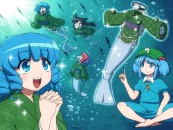 Rule 34 | 4girls, :d, animal ears, barefoot, black hair, blue eyes, blue hair, blush, bow, braid, breasts, bubble, cat ears, cosplay, diving suit, dress, drill hair, artistic error, fins, fish, hair bobbles, hair ornament, hat, imaizumi kagerou, indian style, kawashiro nitori, key, charm (object), long hair, multiple girls, open mouth, own hands clasped, own hands together, oxygen mask, oxygen tank, propeller, prosthesis, red eyes, ribbon, rope, sash, sekibanki, shirosato, short hair, sitting, smile, sparkle, teeth, touhou, twin drills, twintails, two side up, underwater, wakasagihime, wakasagihime (cosplay), water