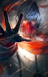 Rule 34 | 1boy, blue hair, cape, collar, foreshortening, gas mask, general (module), gloves, headphones, highres, iroai midodo, jacket, kaito (vocaloid), looking at viewer, male focus, mask, reaching, reaching towards viewer, red eyes, short hair, sparks, vocaloid, white jacket