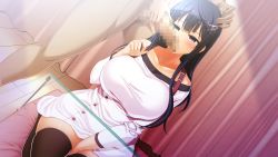Rule 34 | 1girl, bed, black hair, blush, breasts, censored, clothed female nude male, curtains, dress, fellatio, forced, game cg, green eyes, hand on head, highres, huge breasts, indoors, kanzen jikan teishi, kneeling, legs, long hair, long sleeves, looking at viewer, mosaic censoring, nude, oral, penis, pillow, satsuki shiho, sitting, solo focus, standing, thighhighs, thighs, time stop, uo denim