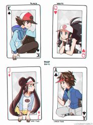 Rule 34 | 2boys, 2girls, annotated, bad id, bad pixiv id, baseball cap, hilbert (pokemon), nate (pokemon), blue eyes, breasts, card, character name, closed mouth, copyright name, creatures (company), double bun, eye contact, game freak, hat, hilbert (pokemon), hilda (pokemon), long hair, long sleeves, looking at another, luo-qin, multiple boys, multiple girls, nate (pokemon), nintendo, pantyhose, playing card, pokemon, pokemon adventures, rosa (pokemon), short sleeves, sleeveless, small breasts, smile, twintails, upper body, hilda (pokemon), rosa (pokemon)