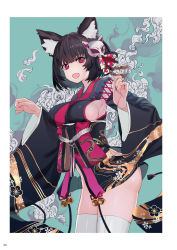 Rule 34 | 1girl, :d, absurdres, azur lane, black hair, black kimono, breasts, cloud, commentary request, fang, fox mask, hair ornament, highres, japanese clothes, kimono, large breasts, looking at viewer, luicent, mask, mask on head, open mouth, purple eyes, short hair, short kimono, sideboob, smile, solo, thighhighs, thighs, white thighhighs, wide sleeves, yamashiro (azur lane)