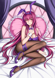 Rule 34 | 1girl, absurdres, animal ears, bed, black pantyhose, breasts, cleavage, commentary request, curtains, fake animal ears, fate/grand order, fate (series), full body, garter belt, heart, heart-shaped pillow, high heels, highres, large breasts, leotard, light smile, long hair, looking at viewer, official alternate costume, pantyhose, parted lips, pillow, playboy bunny, pumps, purple footwear, purple hair, purple leotard, purple neckwear, rabbit ears, rabbit girl, red eyes, scathach (fate), scathach (piercing bunny) (fate), shoes, sitting, solo, stiletto heels, strapless, strapless leotard, xiao gen, yokozuwari