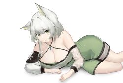 Rule 34 | 1girl, absurdres, animal ears, arknights, bare shoulders, breasts, cat ears, cleavage, commentary request, dress, feet out of frame, green dress, green eyes, has bad revision, has cropped revision, highres, kal&#039;tsit (arknights), large breasts, long sleeves, looking at viewer, lying, off-shoulder dress, off shoulder, pencil dress, sarea (sarea2020), short hair, simple background, solo, thighs, white background, white hair