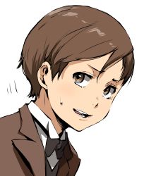 Rule 34 | 1boy, absurdres, baccano!, brown eyes, brown hair, collared shirt, czeslaw meyer, enami katsumi, from side, highres, male focus, portrait, shirt, short hair, simple background, solo, sweatdrop, white background
