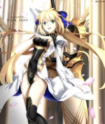 Rule 34 | 1girl, :d, ahoge, artoria caster (fate), artoria caster (third ascension) (fate), artoria pendragon (fate), black thighhighs, blonde hair, blurry, blurry background, breasts, character name, cleavage, copyright name, dress, fate/grand order, fate (series), floating hair, foo (pixiv54892036), green eyes, hair between eyes, highres, holding, holding weapon, long hair, long sleeves, medium breasts, open mouth, shrug (clothing), smile, solo, standing, thighhighs, twitter username, very long hair, weapon