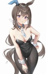 Rule 34 | 1girl, admire vega (umamusume), animal ears, black hair, black leotard, breasts, cleavage, commentary request, detached collar, ear covers, highres, horse ears, horse girl, horse tail, leaning forward, leotard, long hair, low ponytail, medium breasts, necktie, nontraditional playboy bunny, oshage (osyage921), pantyhose, parted lips, purple eyes, simple background, single ear cover, solo, standing, strapless, strapless leotard, tail, thigh gap, umamusume, white background, white necktie, wrist cuffs