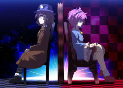 Rule 34 | 2girls, black footwear, black hairband, blue shirt, bow, brown coat, brown eyes, brown hair, chair, checkered background, coat, commentary request, e.o., fedora, frills, from side, hair bow, hairband, hat, hat bow, komeiji satori, long sleeves, multiple girls, pantyhose, pink hair, shirt, shoes, short hair, sitting, socks, striped clothes, striped legwear, striped pantyhose, touhou, usami renko, white bow, white legwear, wide sleeves
