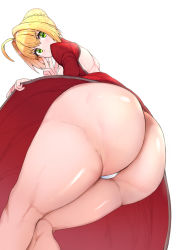 Rule 34 | 1girl, ahoge, ass, ass focus, back cutout, blonde hair, clothing cutout, dress, fate/grand order, fate (series), green eyes, huge ass, looking at viewer, nero claudius (fate), panties, red dress, sikijou77o, smile, solo, thick thighs, thighs, underwear, white background, white panties, wide hips