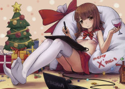 Rule 34 | 1girl, artist request, blunt bangs, bottle, bow, box, breasts, brown hair, character request, christmas tree, computer, copyright request, cup, drinking glass, feet, gift, gift box, glass, laptop, looking at viewer, no shoes, pen, red bow, red skirt, sitting, skirt, smile, soles, solo, tablet, thighhighs, underboob, wavy hair, white thighhighs, wine glass