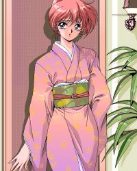 Rule 34 | 1girl, 4bpp, game cg, indoors, jan jaka jan, japanese clothes, kimono, lamp, looking at viewer, pc98, plant, red hair, retro artstyle, solo, standing, traditional clothes