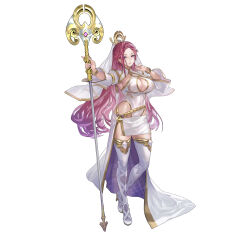 Rule 34 | 1girl, absurdres, boots, bracelet, braid, breasts, cleavage, cleavage cutout, closed mouth, clothing cutout, commentary request, earrings, fingernails, fire emblem, fire emblem heroes, full body, gold trim, high heel boots, high heels, highleg, highleg leotard, highres, holding, jewelry, large breasts, leotard, loki (fire emblem), long hair, looking at viewer, maeshima shigeki, nail polish, nintendo, official art, parted lips, purple eyes, purple hair, simple background, skirt, solo, staff, standing, thigh boots, white background