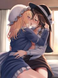 Rule 34 | 2girls, bed, bed sheet, black capelet, blonde hair, blush, bow, breasts, brown eyes, brown hair, capelet, commentary, curtains, dress, fedora, french kiss, fumei (mugendai), hair bow, hat, hat bow, highres, kiss, long sleeves, looking at another, maribel hearn, medium breasts, medium hair, mob cap, multiple girls, open mouth, ribbon-trimmed capelet, shirt, short hair, sitting, skirt, touhou, unbuttoned, unbuttoned shirt, usami renko, white bow, white headwear, white shirt, window, yuri
