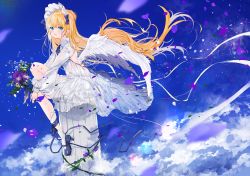 Rule 34 | 1girl, blonde hair, blue footwear, blue ribbon, blue sky, blush, cloud, collared dress, commentary request, day, dress, feathered wings, flower, from side, green eyes, high heels, holding, holding flower, long hair, long sleeves, looking at viewer, looking to the side, neck ribbon, original, outdoors, parted lips, petals, pillar, puffy long sleeves, puffy sleeves, purple flower, ribbon, see-through, shoes, sitting, sky, sleeves past wrists, socks, solo, umino mizu, very long hair, white dress, white socks, white wings, wings