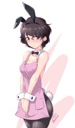 Rule 34 | 1girl, absurdres, akiyama yoshiko, animal ears, apron, black bow, black bowtie, black leotard, black pantyhose, bow, bowtie, brown eyes, brown hair, closed mouth, collar, commentary, cowboy shot, dated, detached collar, fake animal ears, fake tail, girls und panzer, half-closed eyes, highres, kuzuryuu kennosuke, leotard, looking at viewer, mature female, messy hair, one-hour drawing challenge, own hands together, pantyhose, pink apron, playboy bunny, short hair, smile, solo, standing, strapless, strapless leotard, tail, twitter username, v arms, white background, white collar, wing collar, wrist cuffs